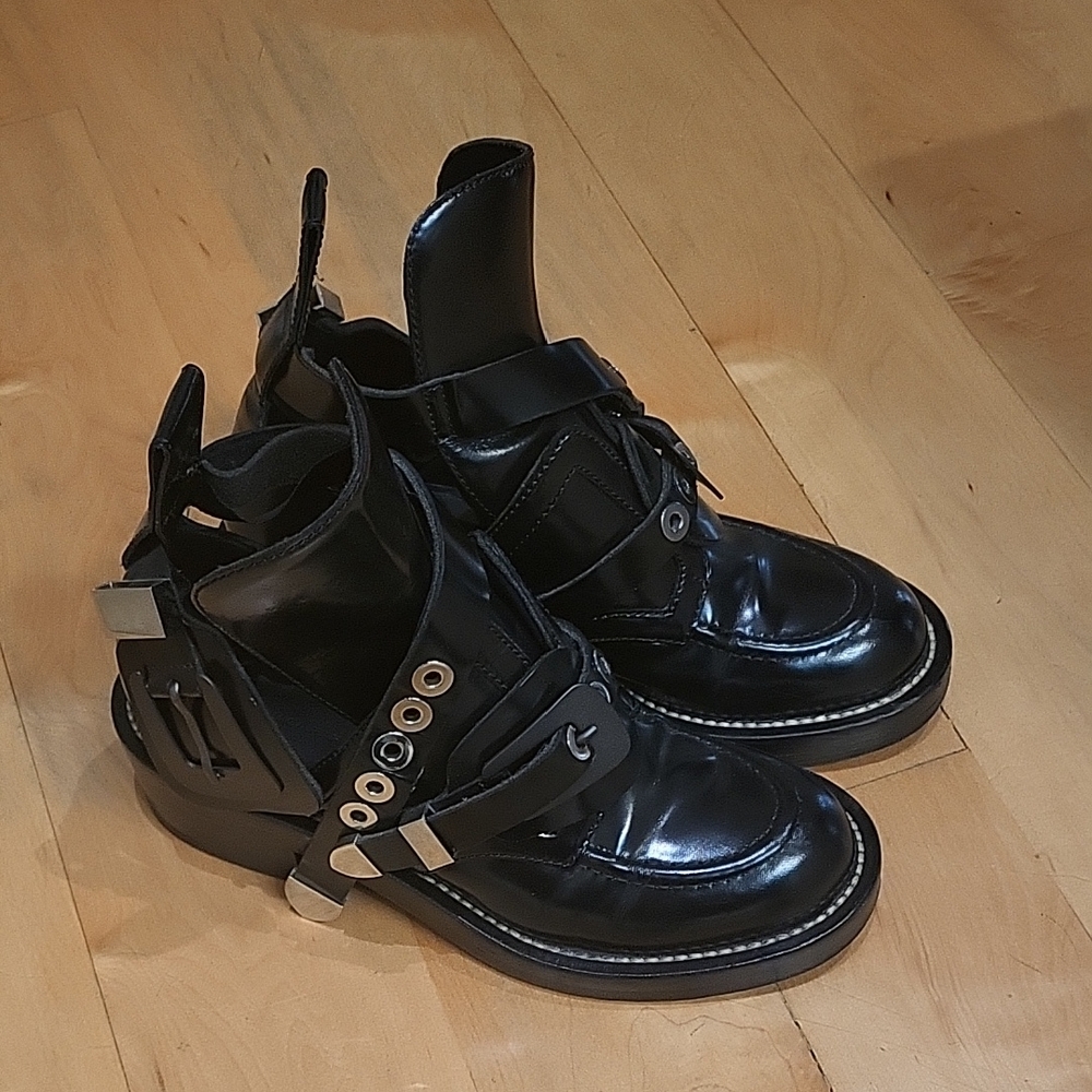 Balenciaga Black Leather Women's Boots with Silver Accents